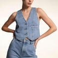thumbnail image 3 of FRSASU Women's Denim Vest Button Down V-Neck Sleeveless Jean Vest Cropped Denim Tops Summer Western Outfits Light Blue, 3 of 6