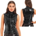thumbnail image 3 of Chaleco de cuello alto de charol para mujer, chaqueta sin mangas con cremallera a la moda, atuendo para festivales, ropa de club con aspecto mojado, disfraz, 3 of 5