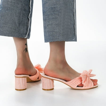 

HIMIWAY Wedge Sandals for Women Women s Fashion Sandals Thick Heel Bow Silk Sandals Retro Buckle Shoes Pink 45