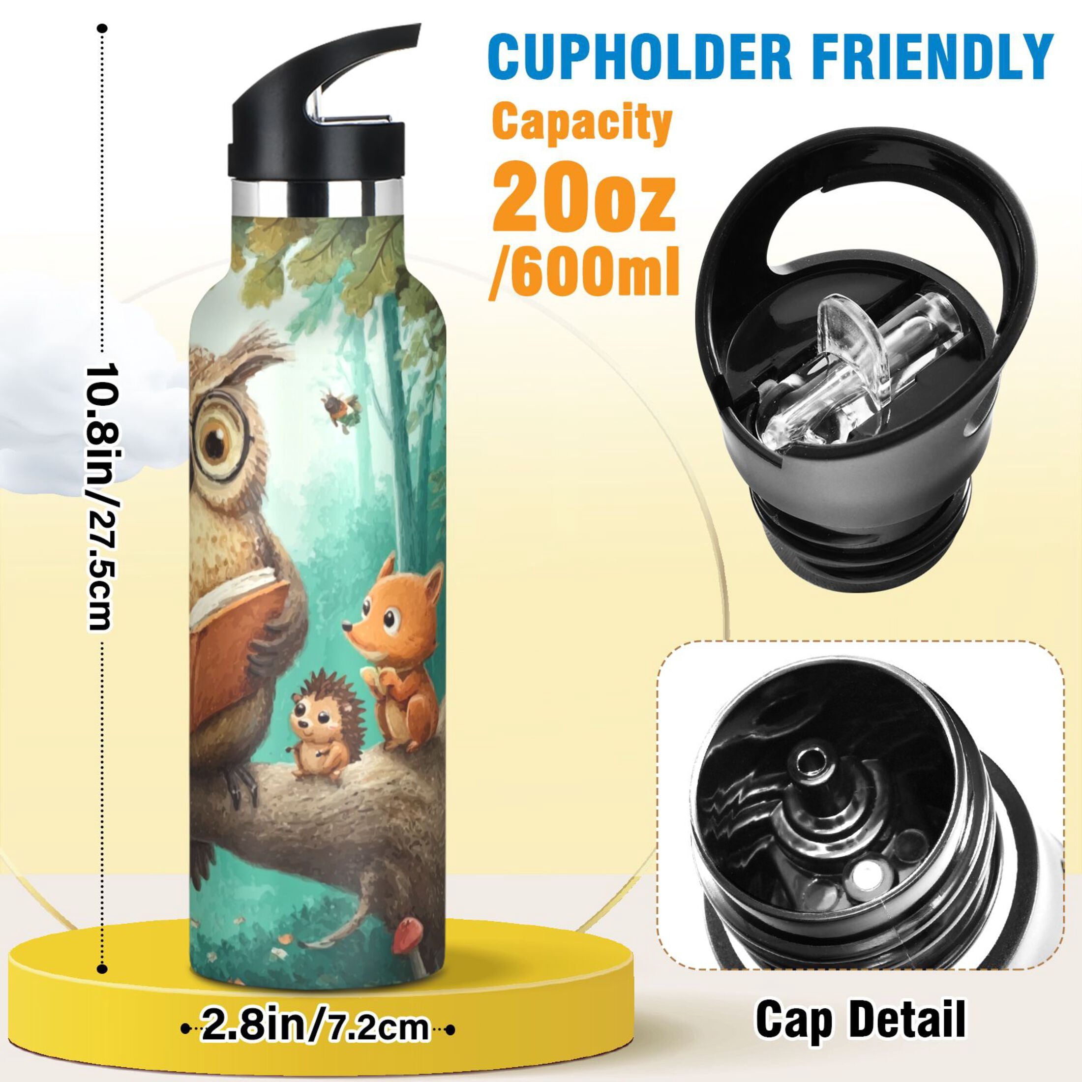 Kids Insulated Stainless Steel Sports Water Bottle 600ml (20oz) Owl Wearing Glasses