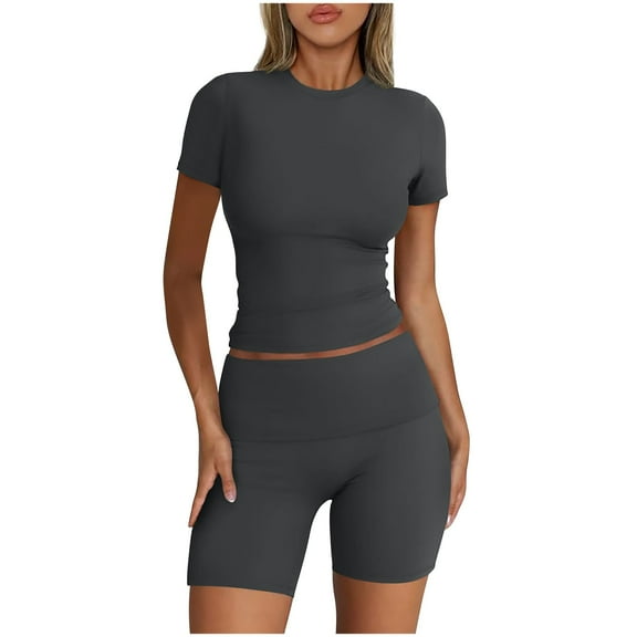 Scyoekwg Womens Lounge Sets 2 Piece Outfits Casual Solid Color Short Sleevele Round-Neck Tops Shorts Running Gym Sprots Sets (Dark Gray,XL)