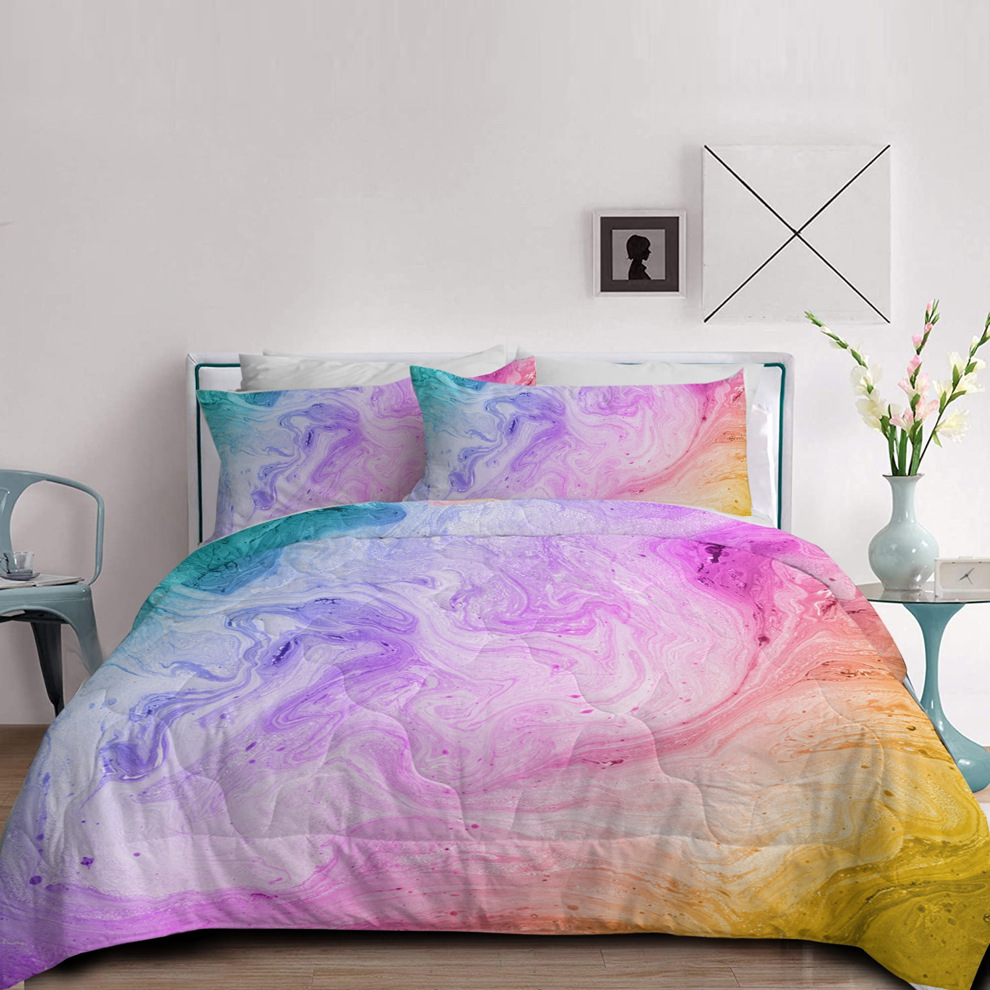 Twin BlessLiving Colorful Marble Bedding Pastel Pink Blue Purple Duvet Cover Set Marble Abstract Art Bed Set 3 Piece Bright Girly Bedspreads 