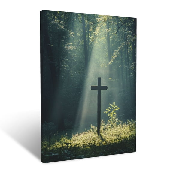 CozyNet Cross Standing In A Peaceful Forest Clearing, Glowing Light Filtering Through Tall Trees Wall Art Prints With Frame Canvas Perfect for Living Room & Bedroom, Ready to Hang, Wall Decor 12"x16"