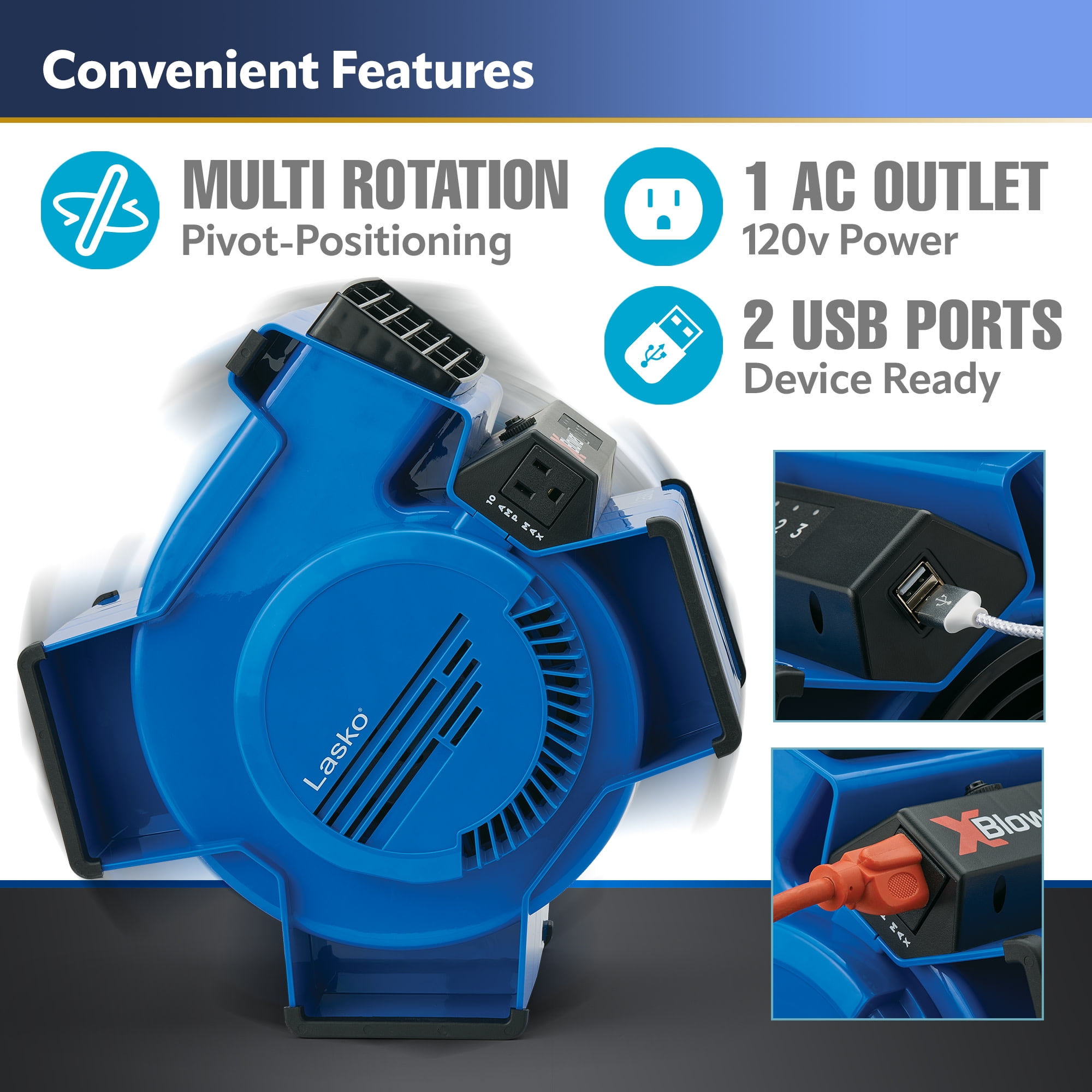 Lasko X-Blower 11" High Velocity Utility Blower Fan with USB Ports and Built-In Outlet for Cooling and Drying, Blue, X12905