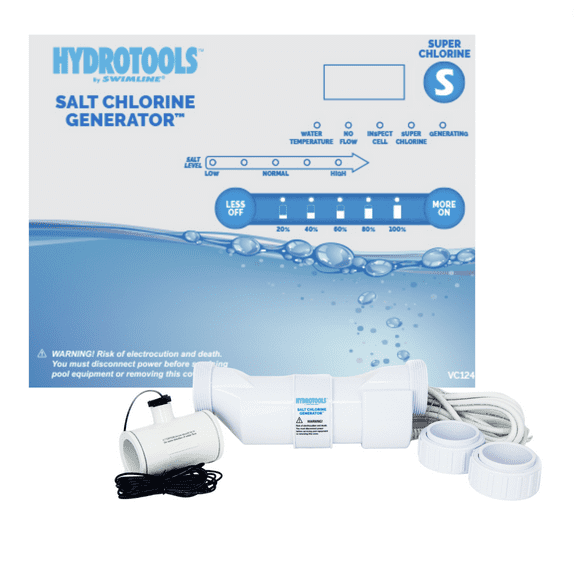 HYDROTOOLS By SWIMLINE 87615 Salt Water Chlorine Generator System For Pools Up To 15K Gallons, 7 Titanium Plates 0.8 Lbs CL Output, Universal Compatibility Easy Install Above & Inground Swimming Pools