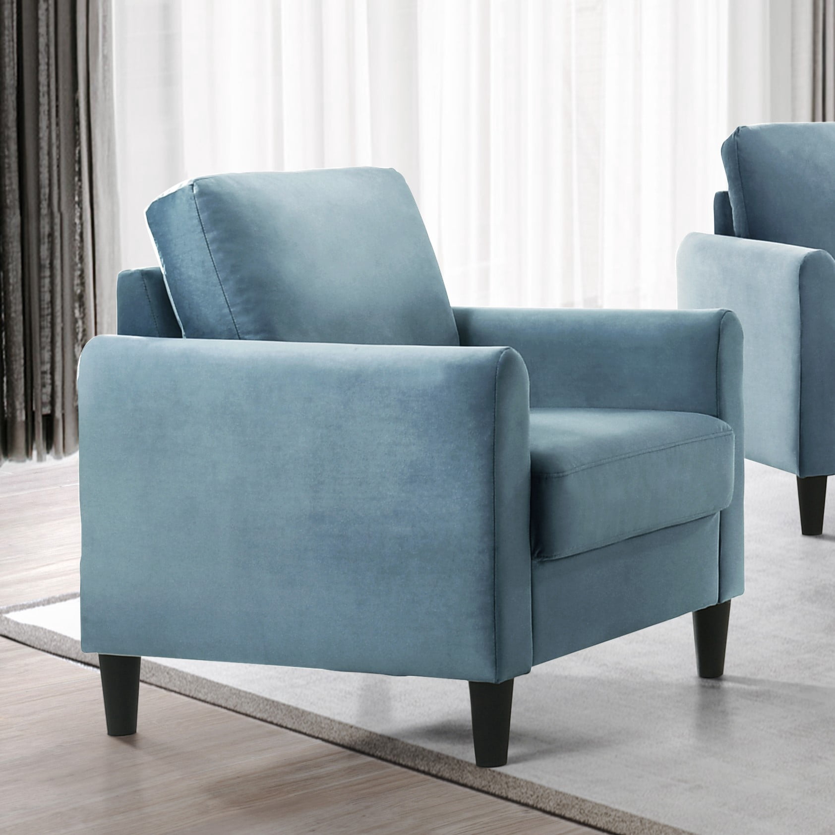 Home Design Airell Velvet Arm Chair with Plush Armrests and Sleek Black Legs, Modern Upholstered Design for Living Room, Blue