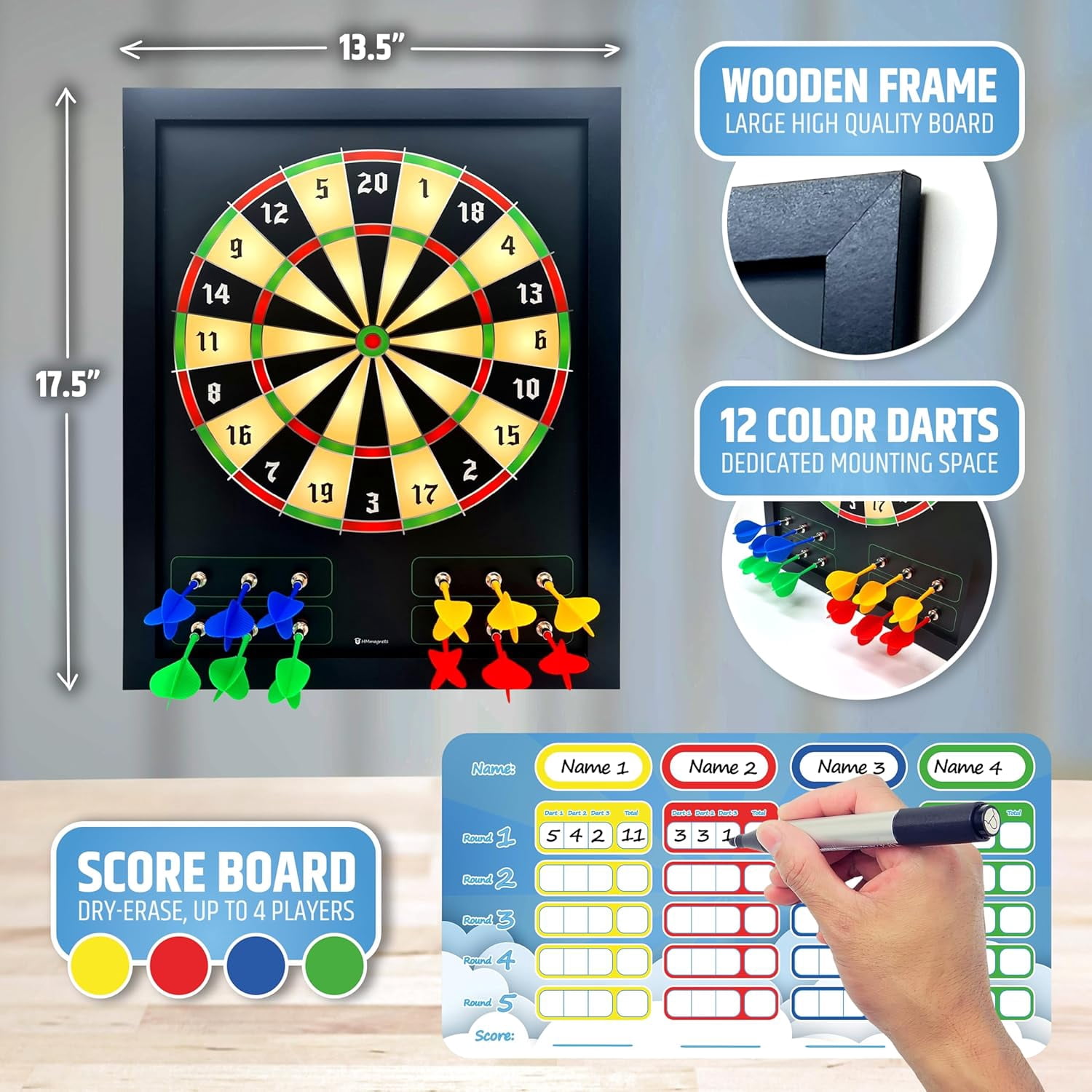 HMMAGNETS Large Magnetic Dart Board for Kids with 12 Magnetic Darts & Dry Erase Scoreboard