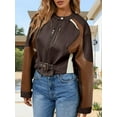 thumbnail image 4 of Womens Faux Leather Bomber Jackets Cropped Zip Up Color Block Fall Casual Moto Biker Coats, 4 of 6