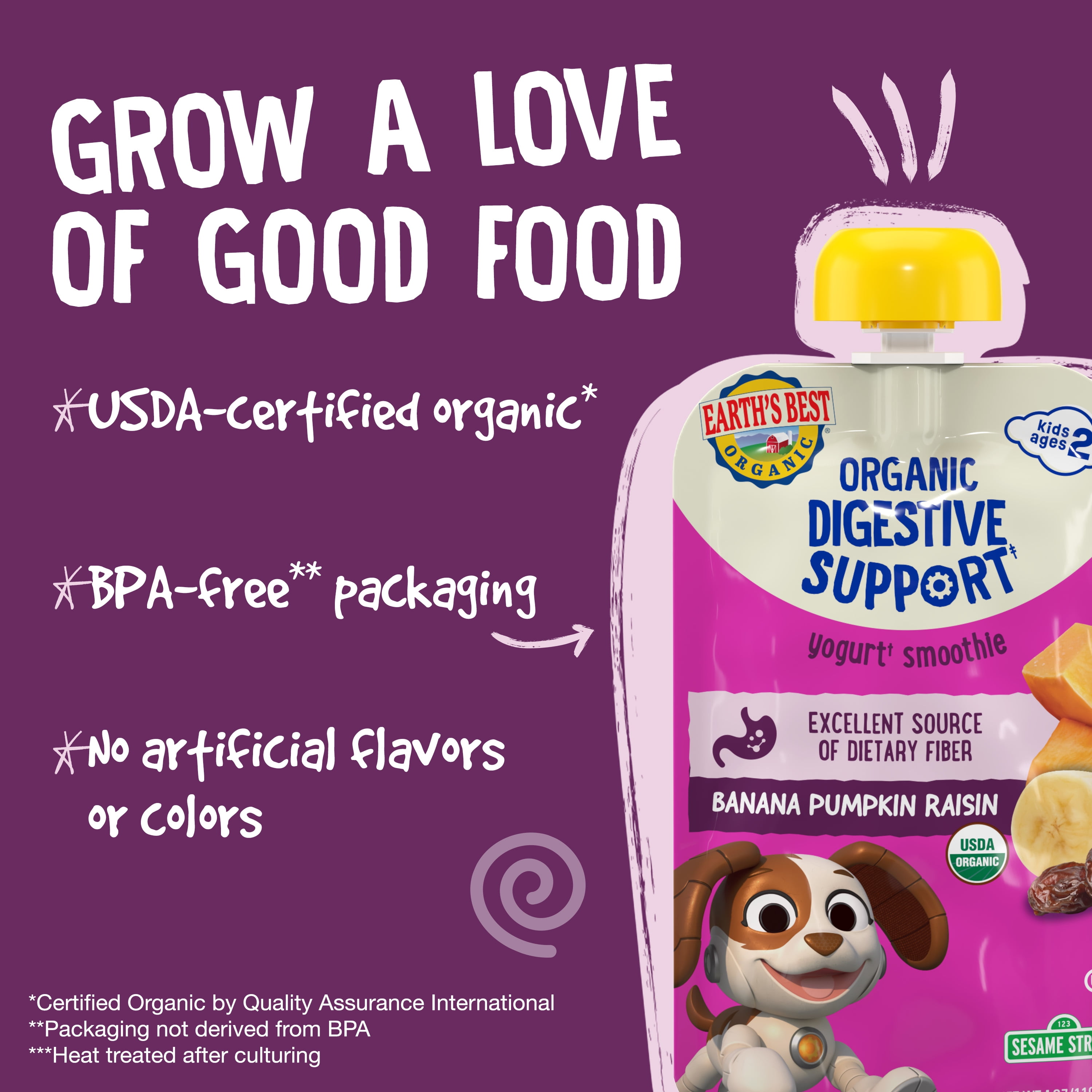 Earth's Best Organic Digestive Support Toddler Food, Banana Pumpkin Raisin Smoothie, 4 oz Pouch