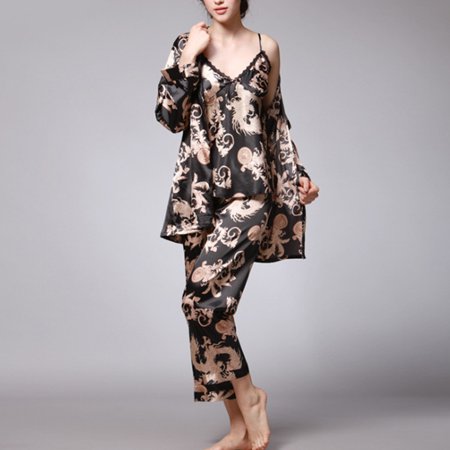 

Liveday Women s Pajamas Set 3-Piece Silk Satin Sleepwear Printed Nightwear