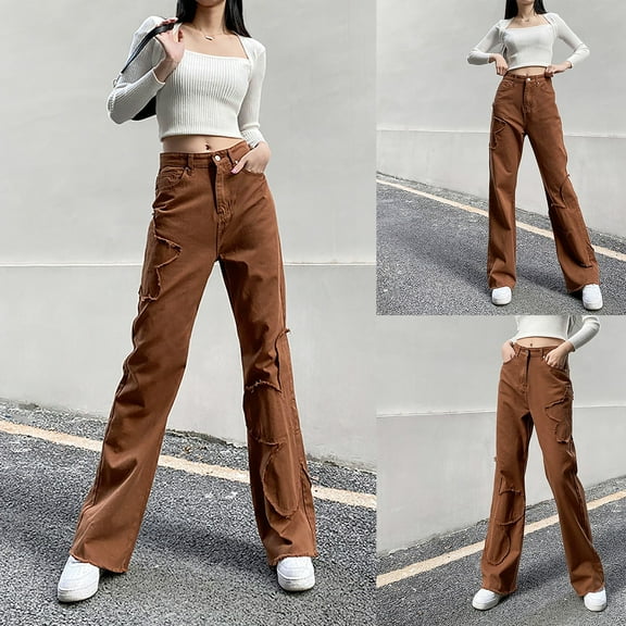 Byworldtasic Womens Jeans Khaki Pants for Women Y2K Straight Wide Leg Jeans Patchwork Denim Pants Harajuku Loose Cargo Pants with Pockets Brown