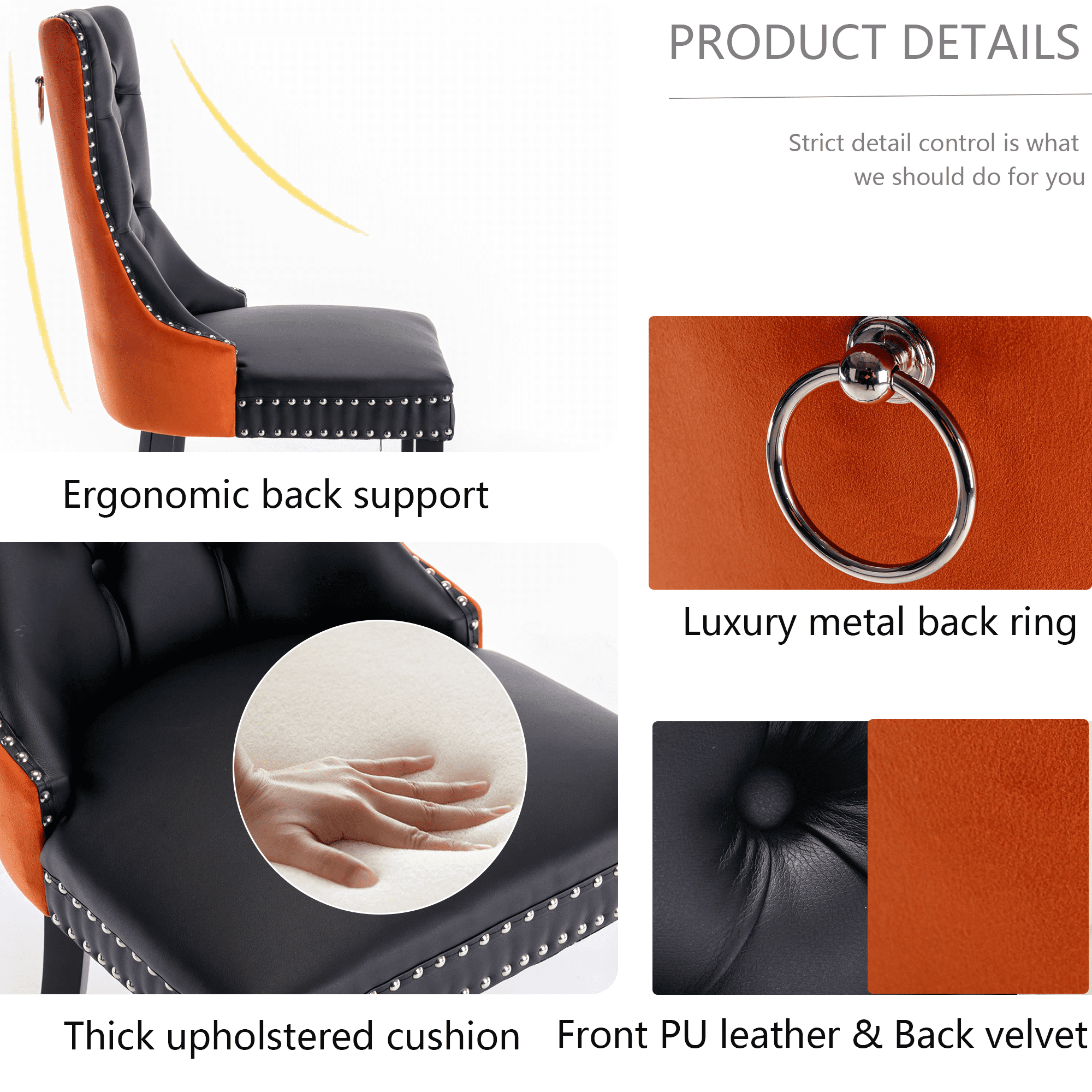 PU Dining Chairs, Accent Diner Chairs with Nailhead Trim and Back Ring Pull, PU and Velvet Fabric Dining Room Chairs, Side Chair Kitchen Chairs with High-end PU Back and Padded (Set of 4)