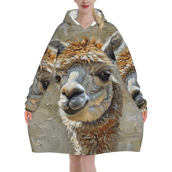 Alpaca Llama Print ﻿christmas Oversized Blanket Hoodie Soft Warm Winter Holiday Wearable Blankets