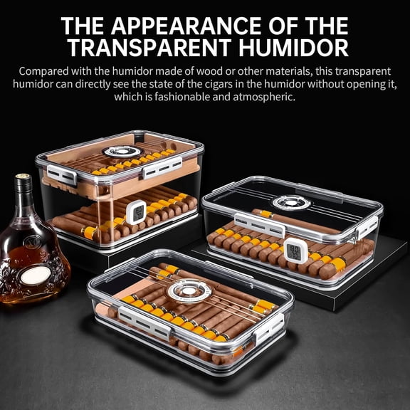 Cigar Humidor Clear Acrylic with Spanish Cedar Shelf Holds 80-100 Cigars Portable Airtight Container