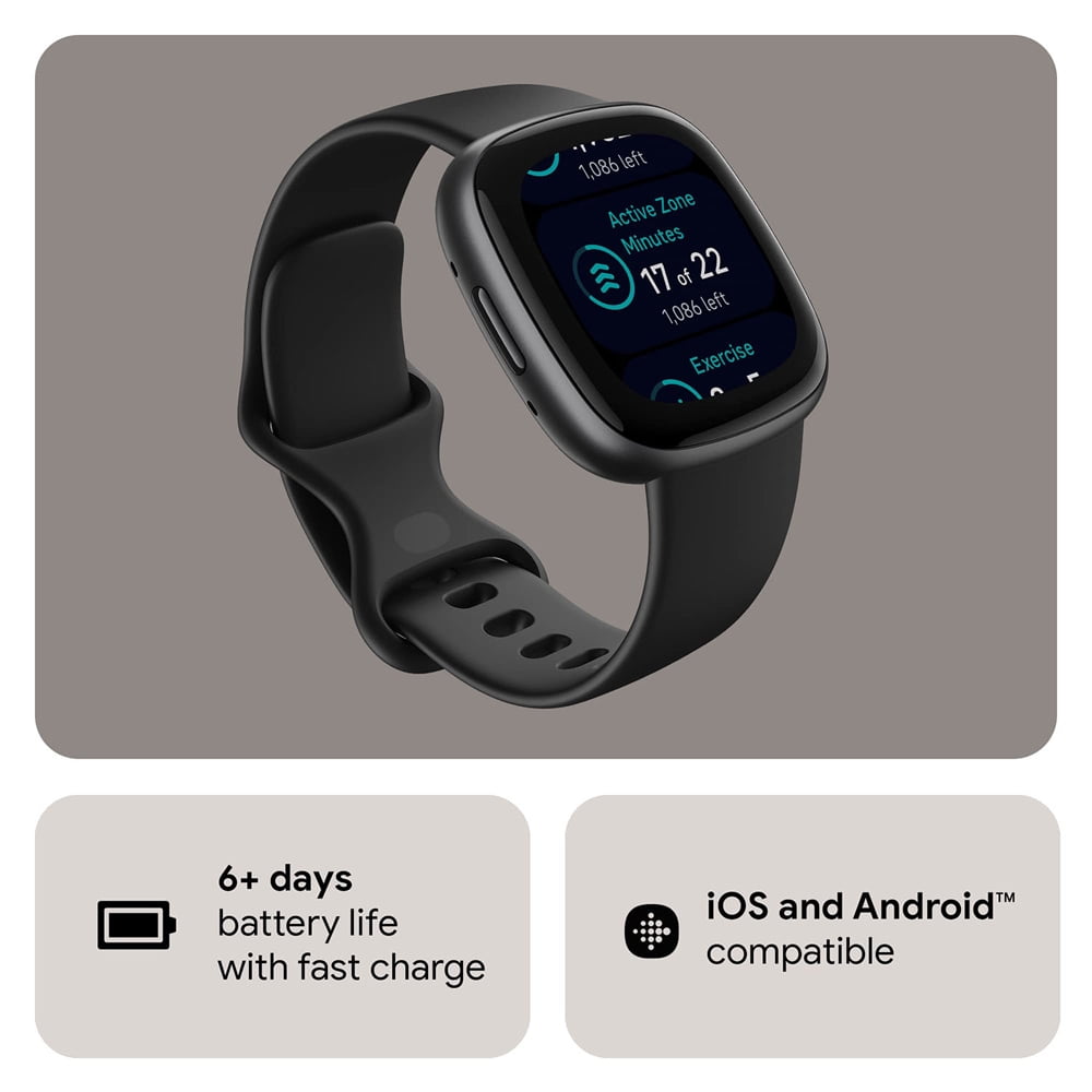 Fitbit FB523BKBK-US Versa 4 Fitness Smartwatch with GPS, 24/7 Heart Rate - Black/Graphite Bundle with Workout Sport Towel & Tech Smart USA Fitness & Wellness Suite