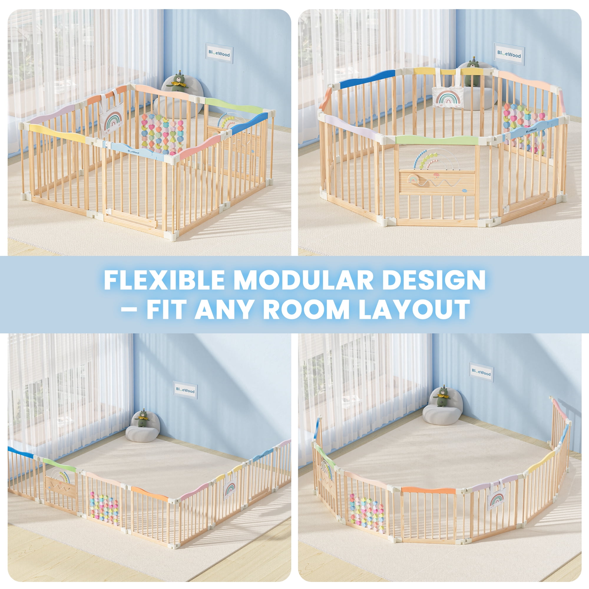 Buballino 8-Panel Baby Safety Fence Set - 100% Solid Pine Wood, 23.2"x23.6" Panels, Freestanding Easy Assembly Play Area Enclosure