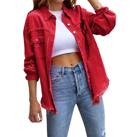 ZAXARRA Women's Ripped Distressed Denim Jacket Long Sleeve Button Down Boyfriend Jean Coat Trucker Jacket