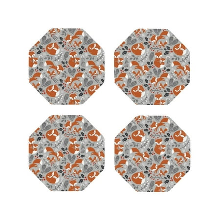 

Junzan Vintage Blue Fox Family A Print Coasters for Drinks - Leather Coasters Set of 4 for Coffee Table for Housewarming/Kitchen/Bar/Decor-Octagon