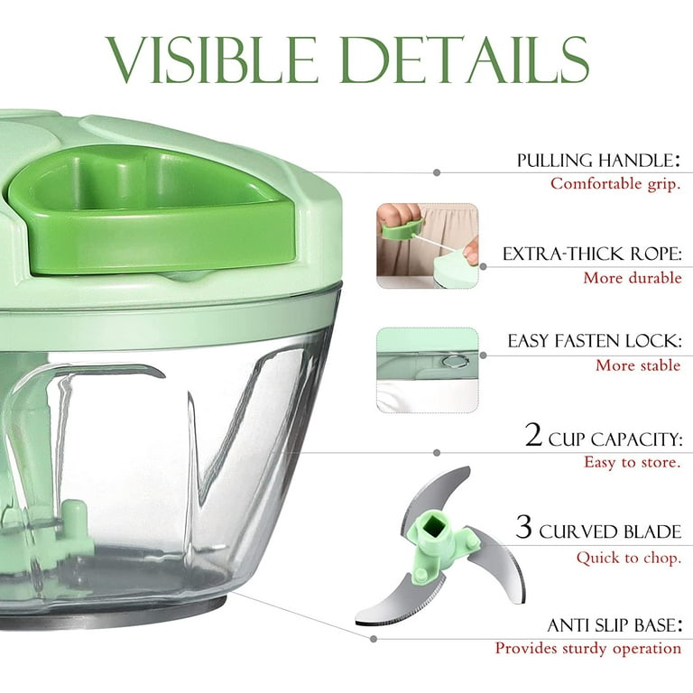 Pull String Food Chopper Vegetable Processor Manual Pull Cord Chopper 2Cup  White
