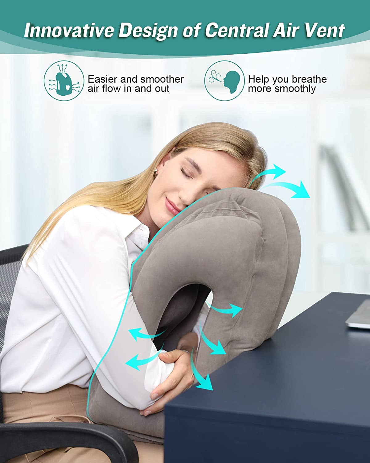 Inflatable Travel Pillow, Airplane Neck Pillow for Sleeping, Supports Head  and Chin for Airplanes,Trains,Cars and Office Napping with 3D Eye Mask and