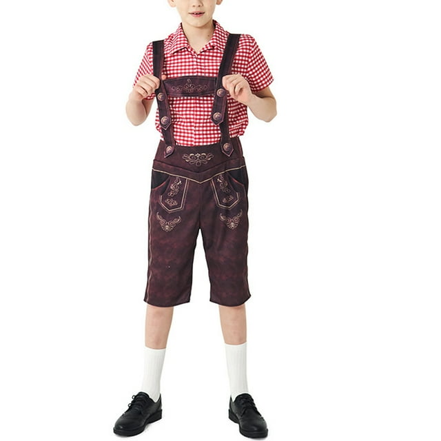Odeerbi 2-12 Años Niños Traje de Verano Oktoberfest Caballero Traje Formal Vestido de Cuadros Camisa Mono Pantalones Cortos Con 2Pcs Calcetines Conjunto de Tres Piezas