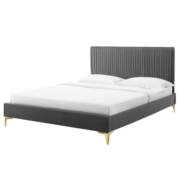 Platform Bed Frame, Full Size, Velvet, Dark Grey Gray, Modern Contemporary Urban Design, Bedroom Master Guest Suite