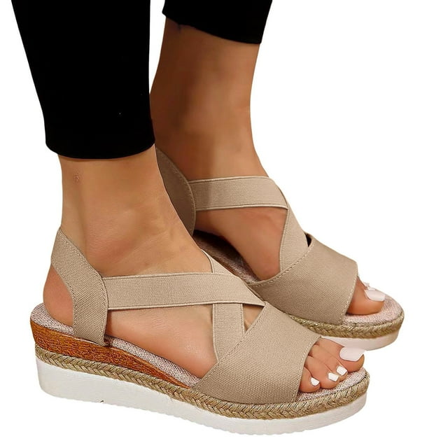 Womens Platform Strappy Sandals Summer Elasitc Peep Toe Wedge Heeled Walking Work Dress Sandals for Ladies