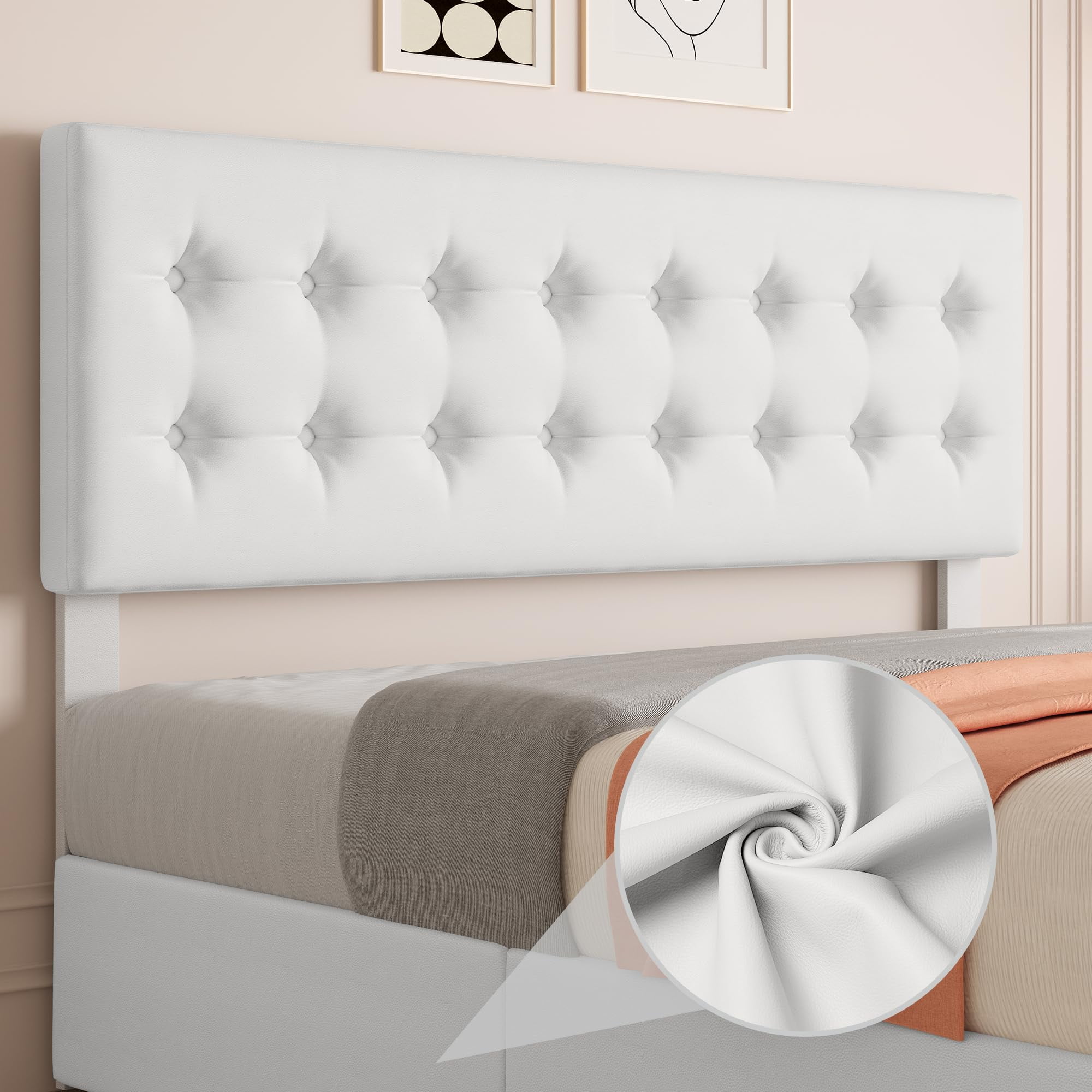TROPOW King Size Bed Frame,with 4 Storage Drawers and Headboard, Linen Upholstered Platform Bed Frame with Wooden Slats Support, Button Tufted Design, No Box Spring Needed,White