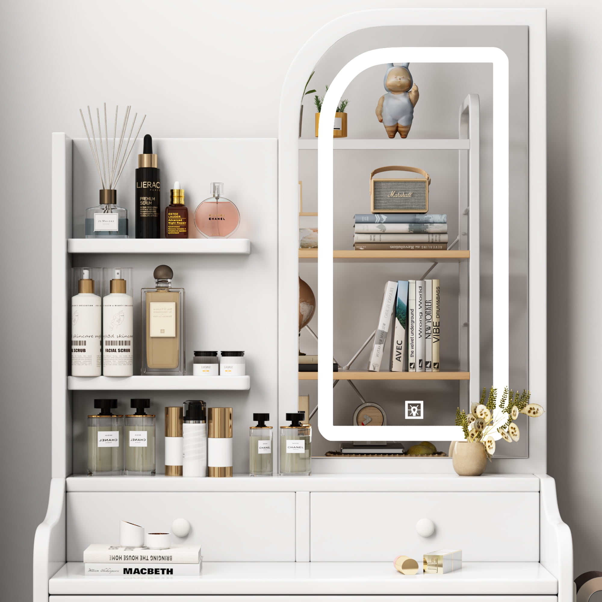 Mintazer Makeup Vanity Table with LED Mirror, Drawers & Shelves, Hair Dryer Holder, Padded Stool for Bedroom - White