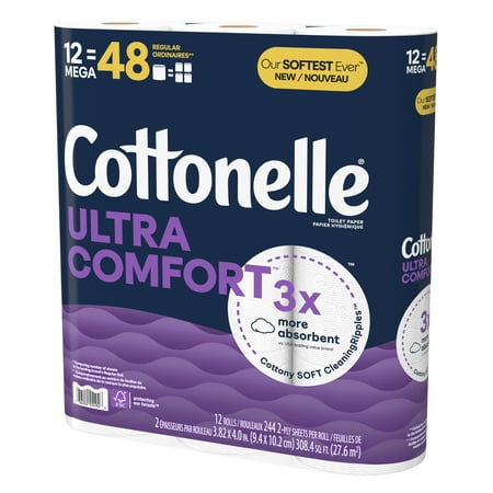 Cottonelle Ultra Comfort Strong Toilet Paper, 12 Mega Rolls with 244 Sheets per Roll