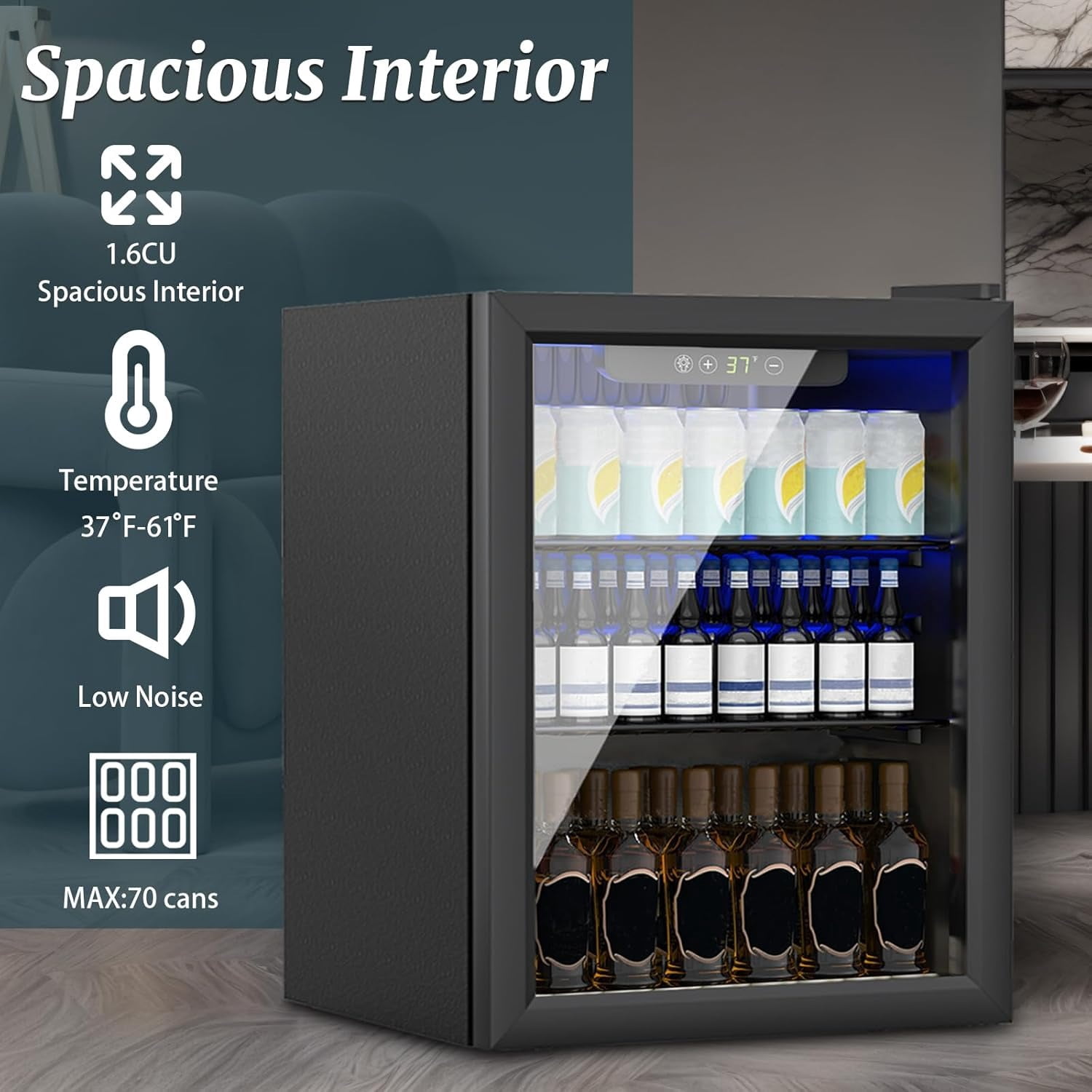 Dimedeal 1.6 Cu.Ft Mini Beverage Refrigerator, 70 Cans Mini Fridge with Glass Door, Small Cooler for Office Bedroom Home Bar, Black
