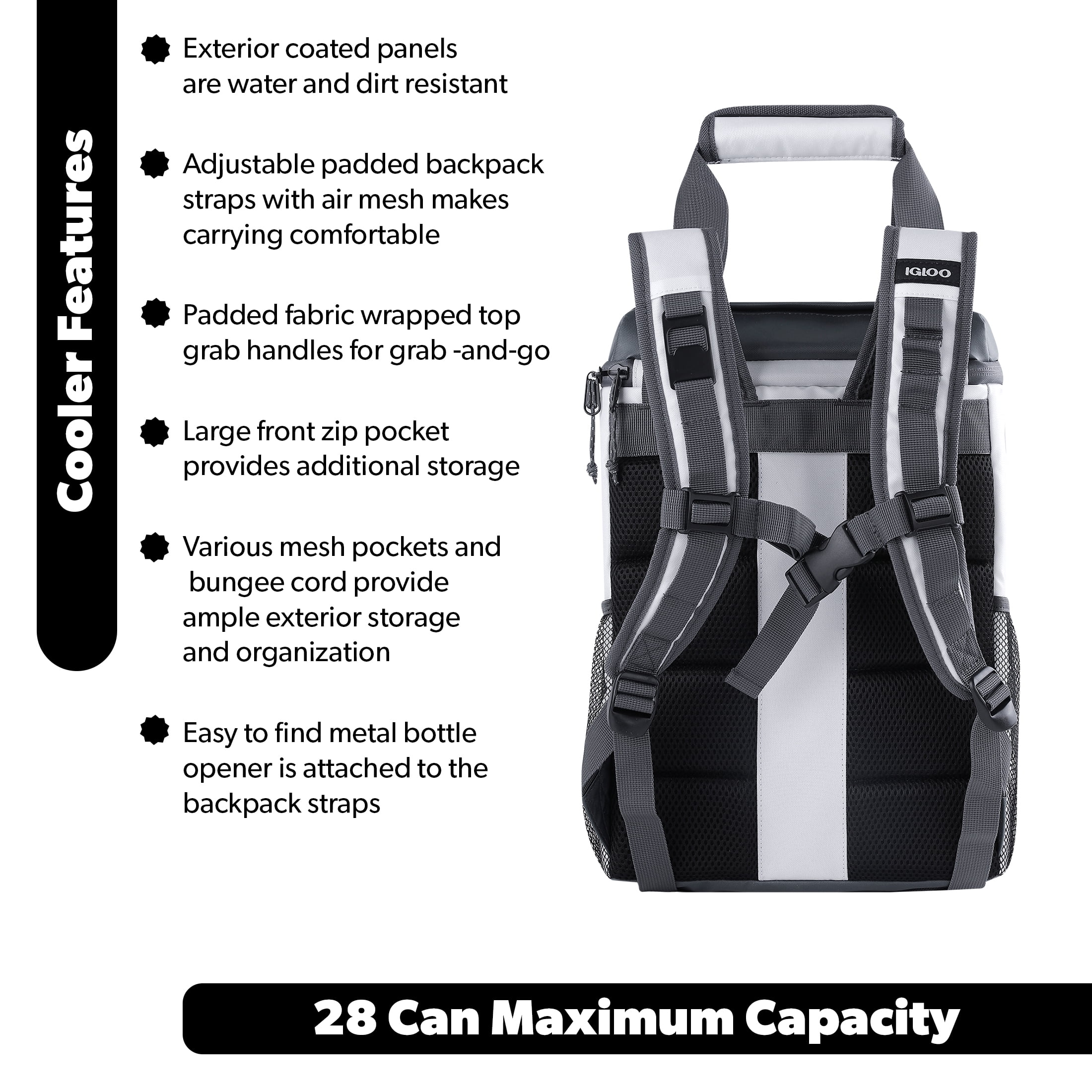 Igloo Marine Soft-Side Backpack Cooler, 28 Can Capacity, White and Gray