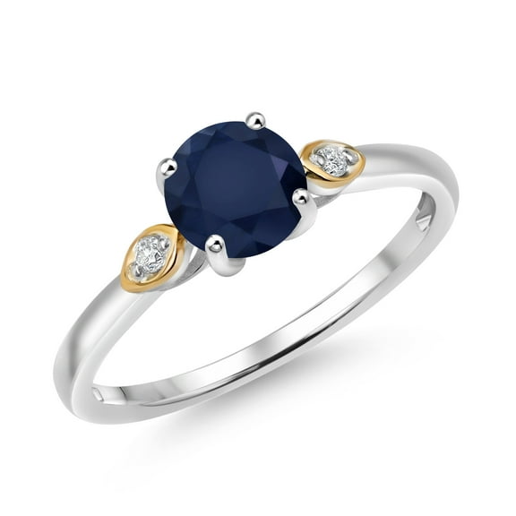 Gem Stone King 925 Silver and 10K Yellow Gold Blue Sapphire and White Lab Grown Diamond 3-Stone Engagement Ring for Women (1.13 Cttw, Round 6MM, Gemstone September Birthstone, Size 6)