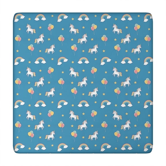 Blue Cartoon Unicorn Rainbow Cloud Star Balloon Square Fitted Tablecloth with Elastic Edge,Square Table Cover,Washable Elastic Table Cover for Home Kitchen Party Decor 34"x34"
