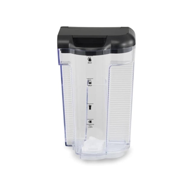 depósito de agua de repuesto ninja cp307 hot cold brew 1.5 l Clear, vista frontal centrada de depósito transparente con tapa abatible negra y marcadores de nivel (max, half, min), base moldeada para 50 oz (10 tazas); extraíble para llenado y apto para lavavajillas; a menudo usado también para prellenar y transportar agua para cafeteras portátiles.