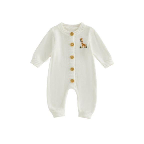 Cenuakty Baby Knit Romper Stylish Giraffe Embroidery Round Neck Long Sleeve Infant Sweater Jumpsuit Newborn Clothes