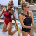 thumbnail image 6 of Summer Women Solid Swimwear One-piece Swimsuit Cross Shoulder Straps Beachwear, 6 of 14