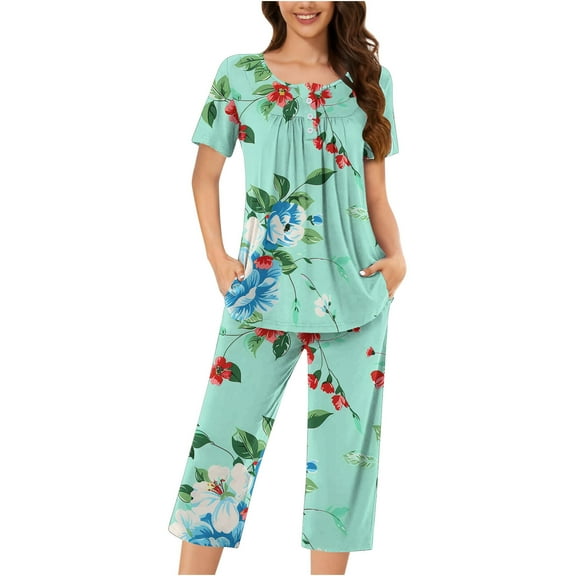 Jamicy Plus Size Pajamas for Women Fashion Casual Loose Printed Round Neck Short Sleeve Top Button-Up Style with Pocket Cropped Pants Pajamas Set for Women