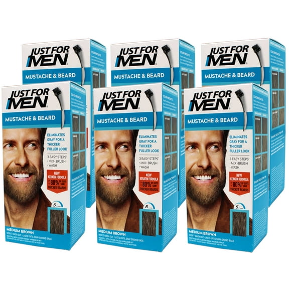 6 Pack - Just For Men Mustache & Beard, Beard Coloring for Gray Hair with Brush, With Keratin (M-35), Medium Brown