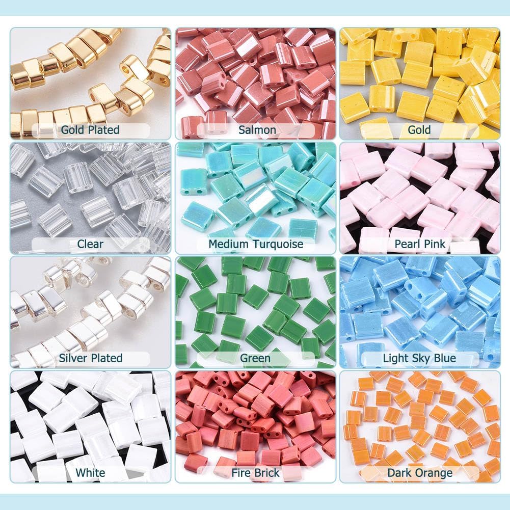 About 900 Pcs Glass Beads 4.5-5.5mm 2-Hole Beads 12 Colors Rectangle Glass Spacer Beads DIY Jewelry Making Finding Kit for Jewelry Making Christmas Bracelet Necklace Earring 1bag