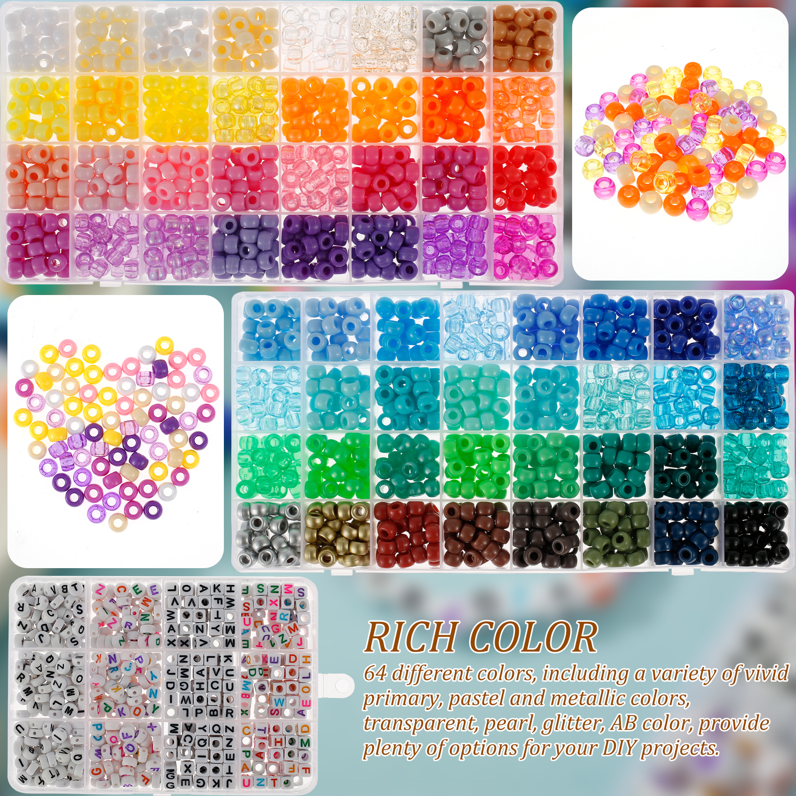 Wekvgz Pony Beads Kit with 64 Colors and Elastic Cord photo 5