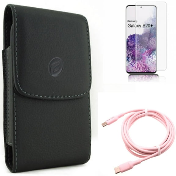 Screen Protector w Case Belt Clip w Pink 10ft Long Cable for Samsung Galaxy S20 Plus - Tempered Glass [Fingerprint Unlock] 3D Curved Edge, Leather Holster Cover, USB-C to Type-C fits Galaxy S20 Plus