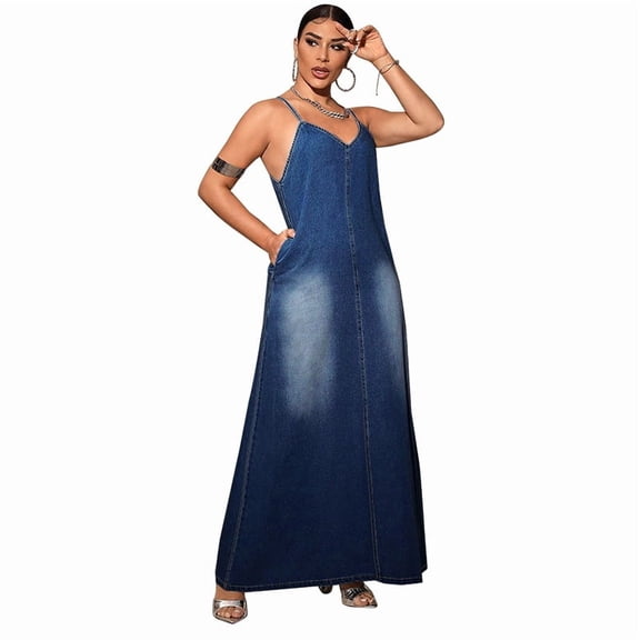 AURA Womens Plus Size Sleeveless Denim Maxi Dress A Line Washed Stretch Jean Dress 1XL 5XL