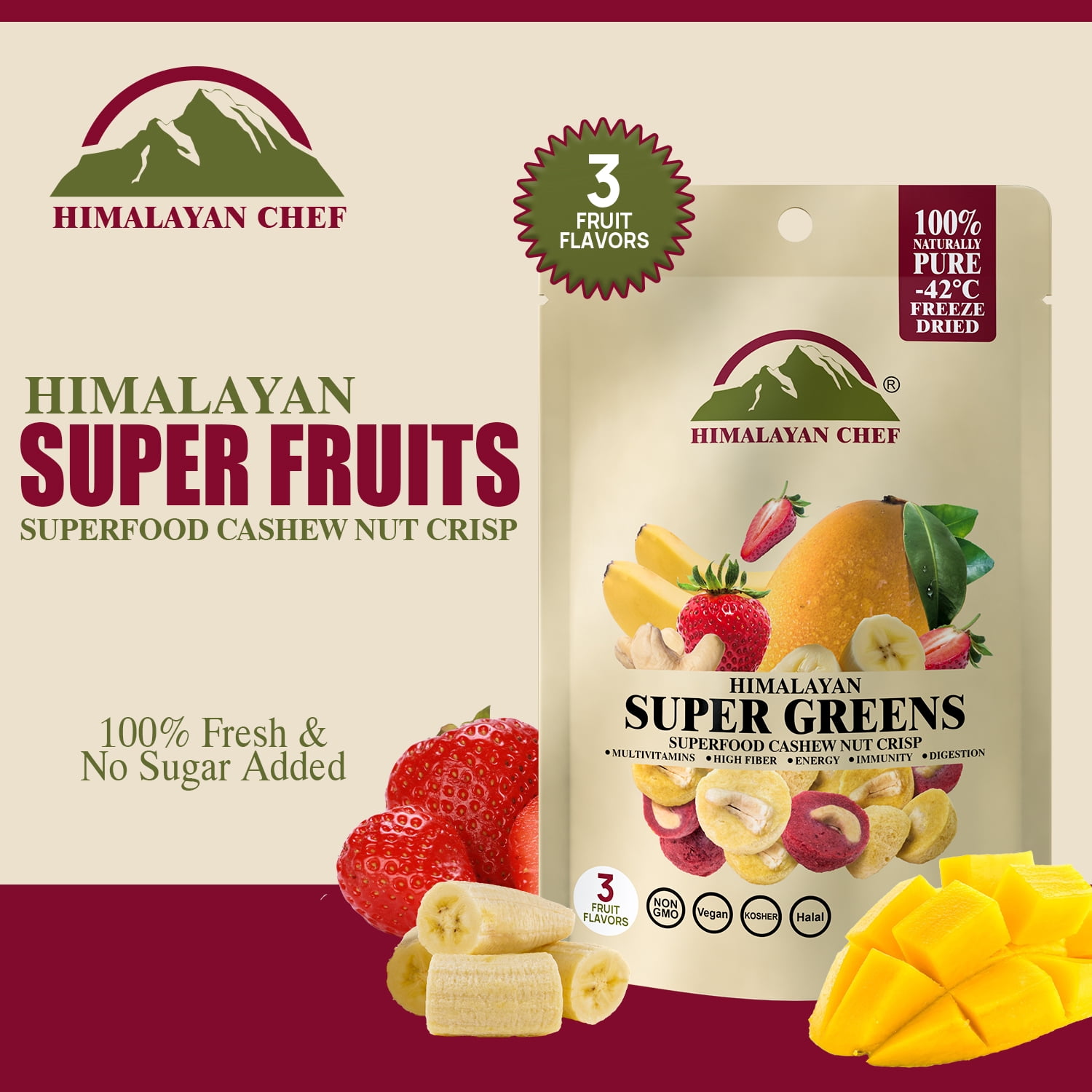 Himalayan Chef Super Reds Freeze-Dried Fruit Cashew Nut Crisps, 30g/each – 10 Pack | 10+ Superfood Fruits | Healthy Snacks Packed with Multivitamins, High Fiber & Antioxidants for Energy Boost