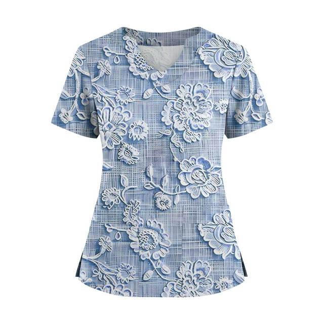 Ktyne Hauts d'Uniforme Médicaux pour Femmes Col en V, Hauts de Sarrau à Manches Courtes Extensibles pour Infirmière, Chemises d'Uniforme de Travail Tendance, Hauts de Sarrau avec Poche, Bleu G