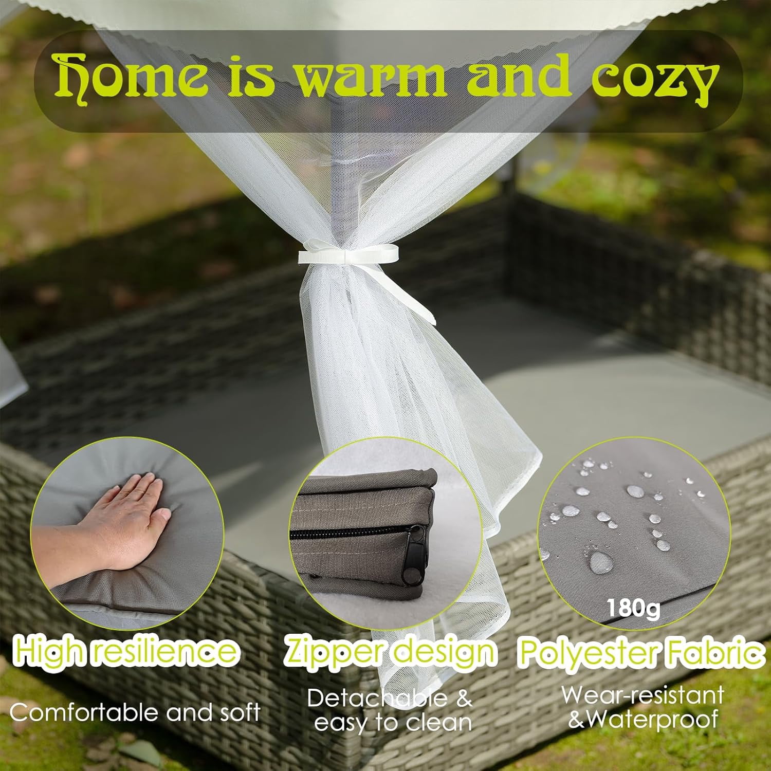 36"Wicker Dog House Outdoor Indoor with Canopy, Weatherproof Outside Dog Shelter Bed with Cushion, 4-Sided Mesh Windows, Pet House Tent Shade for Small Medium Dogs, Rattan Dog Cot for Deck Patio Yard