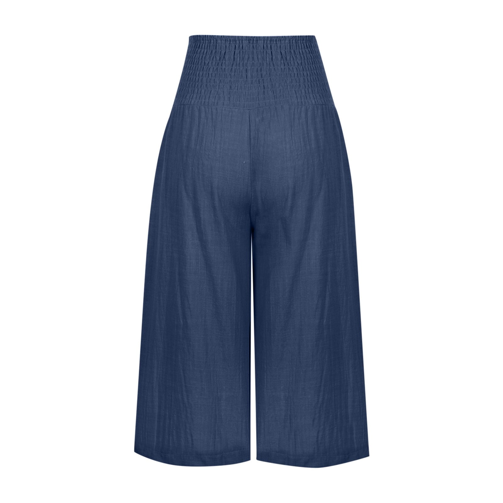 Boho Capri Pants for Women Cotton Linen Smocked High Waist Wide Leg Lounge  Capris Summer Casual Loose Solid Color (Medium, Black)