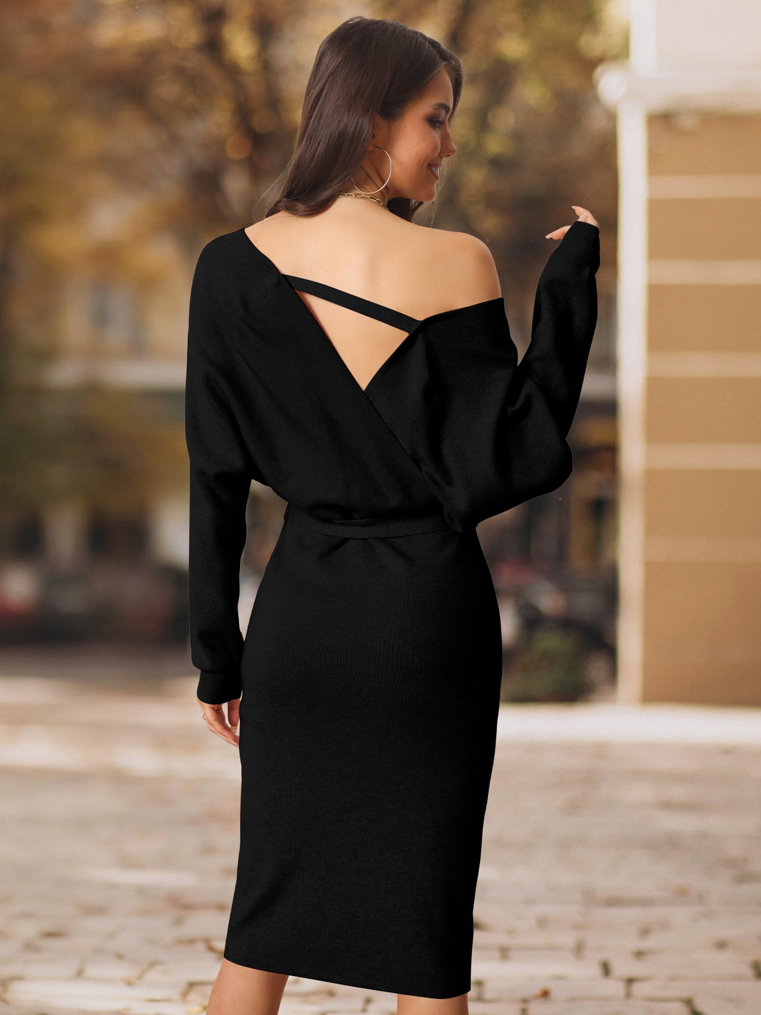 DARING DIVA Women's Deep V Neck Wrap Lantern Sleeve Belted Mini Sweater Dress S Black