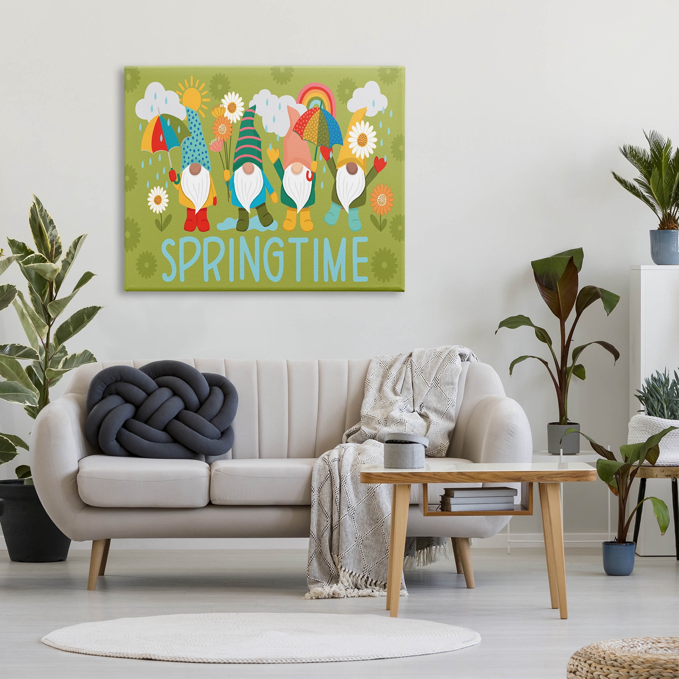 Springtime Rainy Garden Gnomes Holiday Graphic Art Gallery Wrapped Canvas Print Wall Art