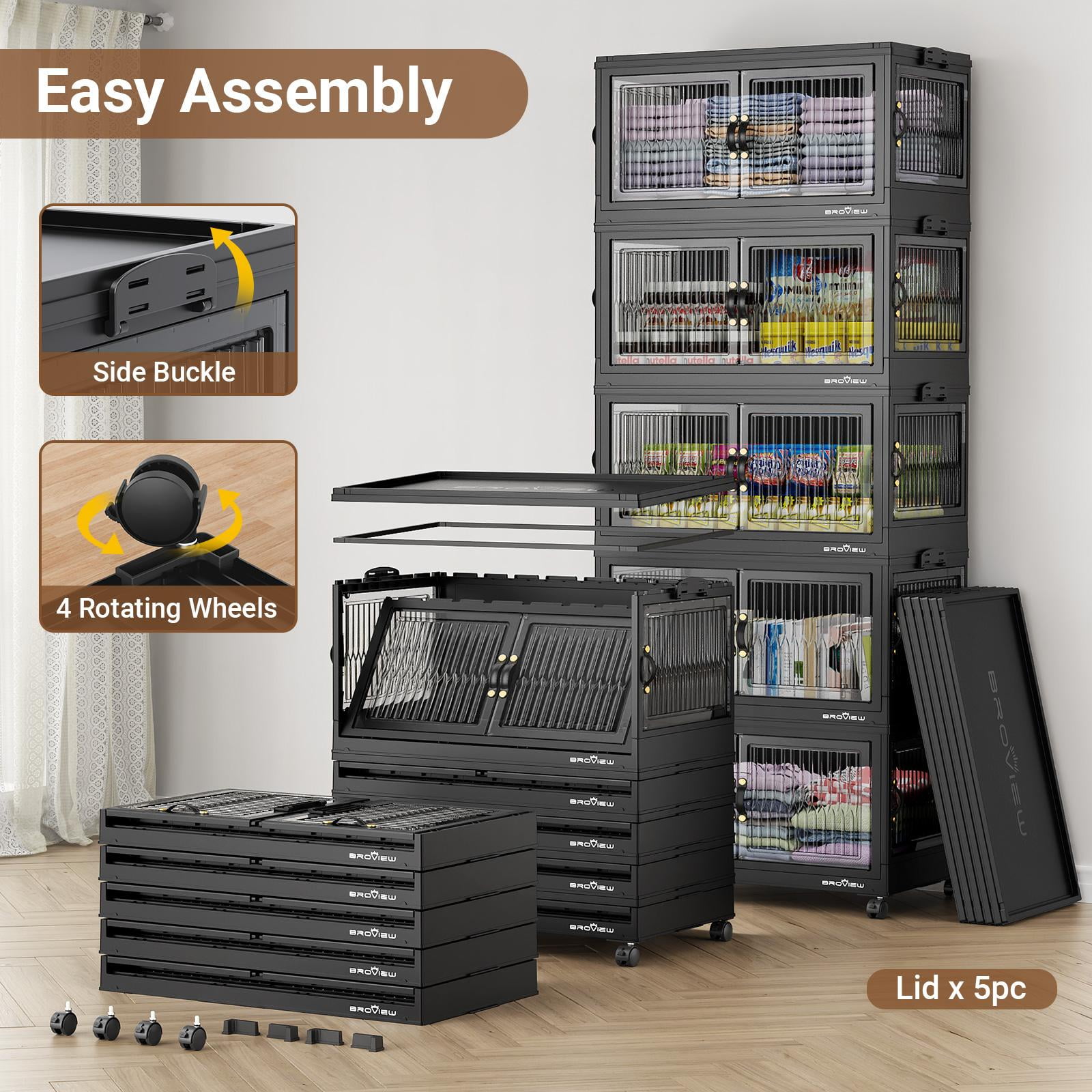 BROVIEW 480QT Large Stackable Storage Bins with Lids and Wheels, Plastic Closet Organizer and Storage Drawer, Collapsible Storage Cabinet with Doors for Home Kitchen, 4Pack Black